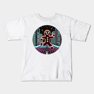 Cyberpunk Christmas: Neon Gingerbread Man in Retro Arcade Style Kids T-Shirt